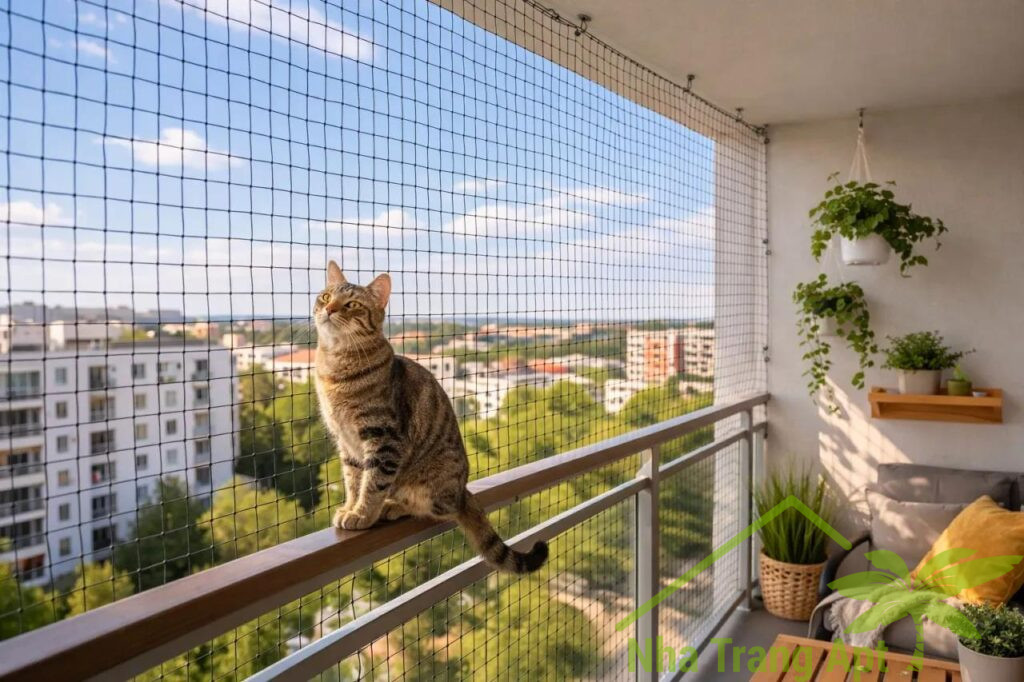 Cat sitting on a balcony enclosed with protective safety netting.